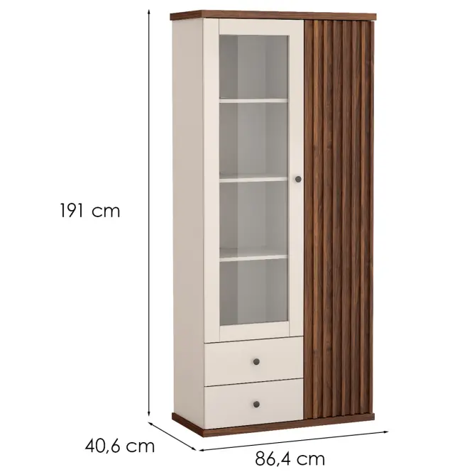 Vitrína C-2 86,4cm – Kašmír/Orech, Lamely, Dvojdverový, Zásuvky