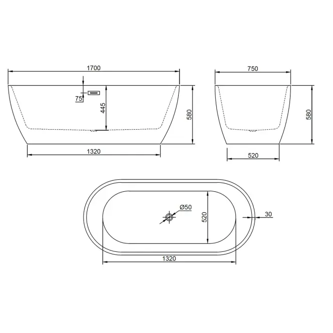Voľne stojaca vaňa Glamour 170x75x58 white,2