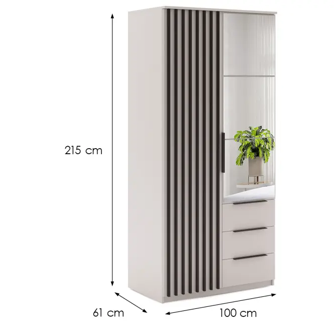 Skriňa Torino 100cm So Zrkadlom – Kašmír/Čierna, Lamele, Dvojdverový, Zásuvky,2