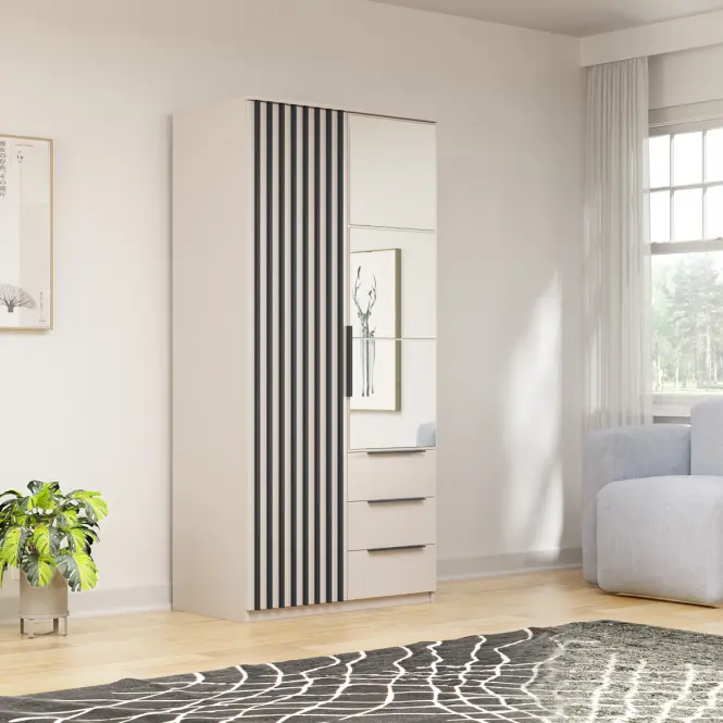 Skriňa Torino 100cm So Zrkadlom – Kašmír/Čierna, Lamele, Dvojdverový, Zásuvky,4