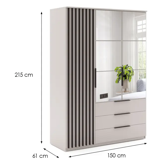 Skriňa Torino 150cm So Zrkadlom – Kašmír/Čierna, Lamele, Trojdverový, Zásuvky