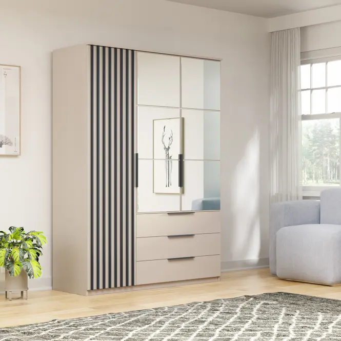 Skriňa Torino 150cm So Zrkadlom – Kašmír/Čierna, Lamele, Trojdverový, Zásuvky