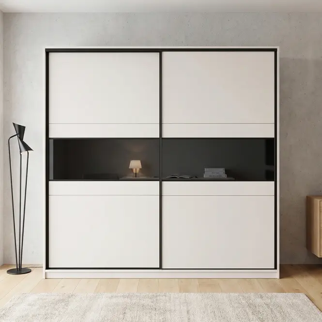 Skriňa Manhattan 226cm - Cashmere/Čierne Sklo, Dvojdverový,5