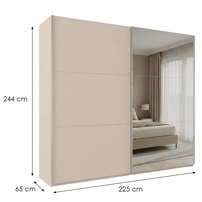 Skriňa Rodos 225cm So Zrkadlom - Pieskovo Béžová, Dvojdverový,2