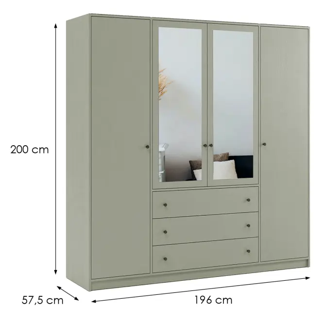 Skriňa Siena D4 Lux 196cm So Zrkadlom – Eucalyptus, Štvordverový, Zásuvky,2