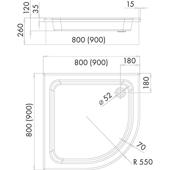 Rohová Vanička 80x80x26 R55 Grawello 3.015