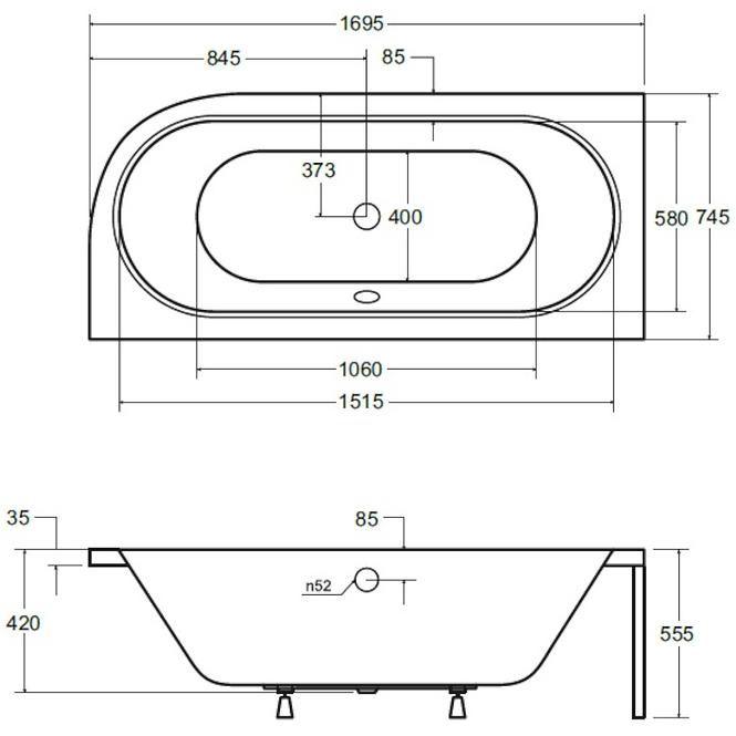 Vaňa Avita 170x75 L+nohy,2