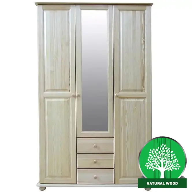 Borovicová skriňa 141B 125 cm so zrkadlom – prírodná borovica, trojdverová, zásuvky