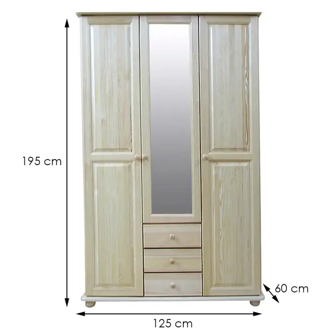 Borovicová skriňa 141B 125 cm so zrkadlom – prírodná borovica, trojdverová, zásuvky,2