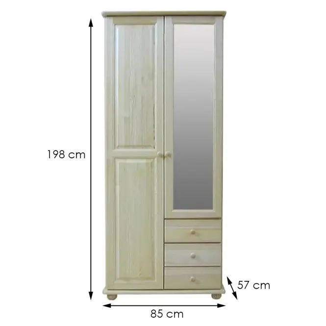 Borovicová skriňa 138 2D 85 cm so zrkadlom – prírodná borovica, dvojdverová, zásuvky