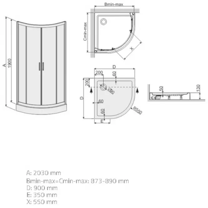 Štvrťkruhový Sprchový kút  KP4/TX5B 90/190 W0 SB+BPZA 2EL Glass