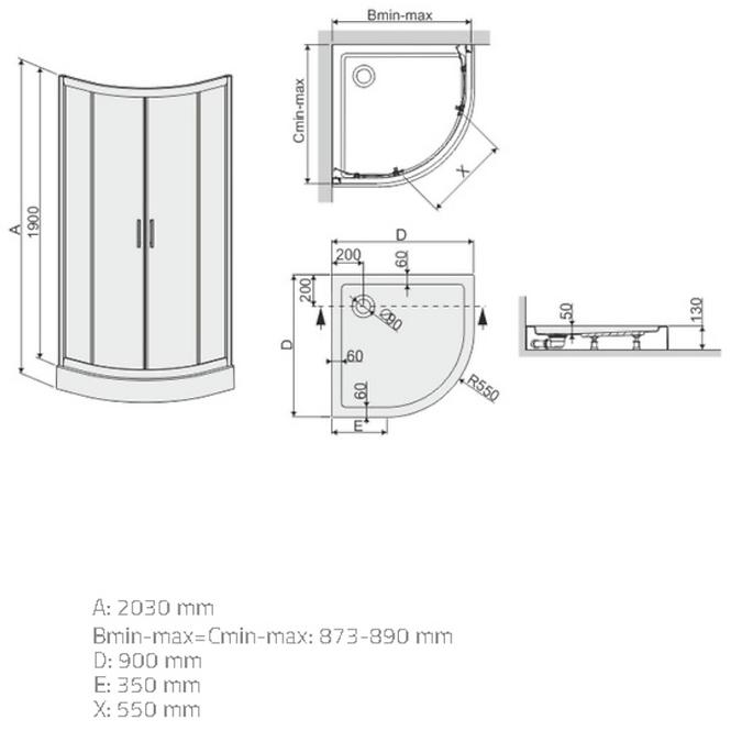 Štvrťkruhový Sprchový kút  KP4/TX5B 90/190 W0 SB+BPZA 2EL Glass