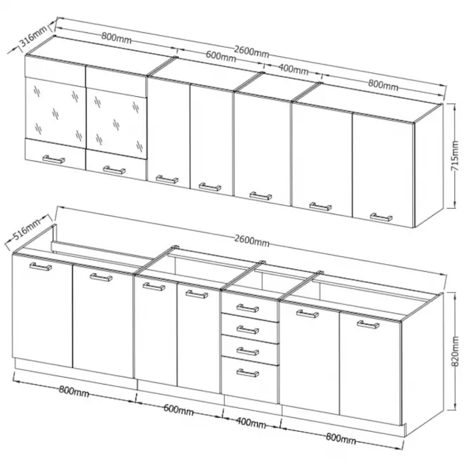 Kuchynská linka Wiktoria chamonix/legno bez dosky 260,2