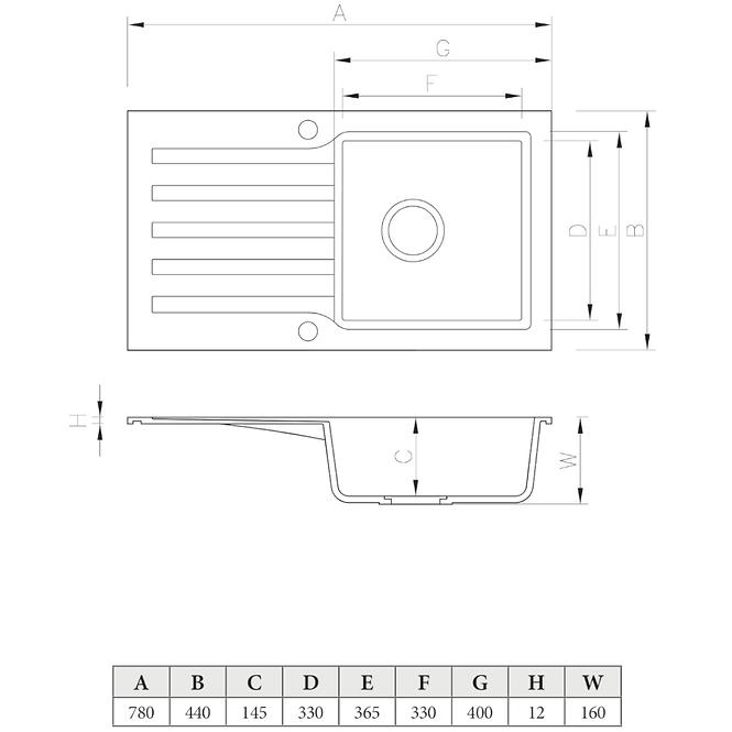 Granitový drez 1K 780x440 sivá