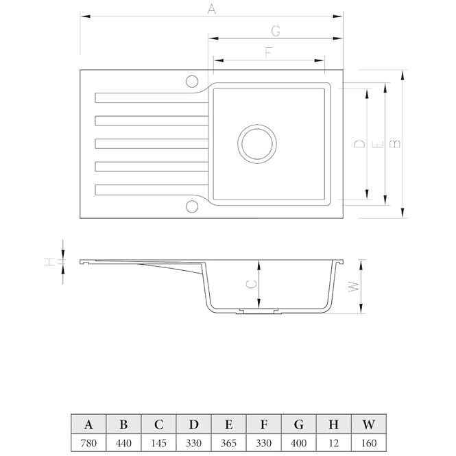 Granitový drez 1K 780x440 biela