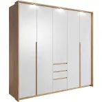 Skriňa Xelo 230 cm – biela/Craft, LED lišta, päťdverová, zásuvky