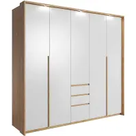 Skriňa Xelo 230 cm – biela/Craft, LED lišta, päťdverová, zásuvky