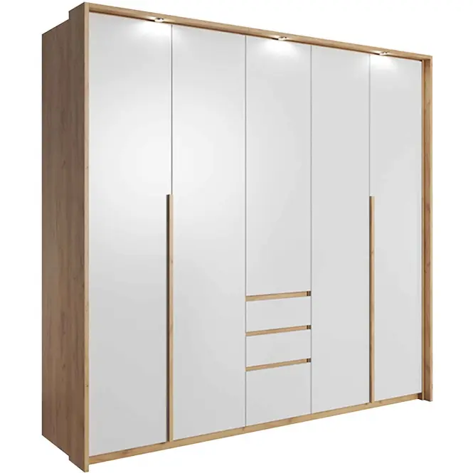 Skriňa Xelo 230 cm – biela/Craft, LED lišta, päťdverová, zásuvky