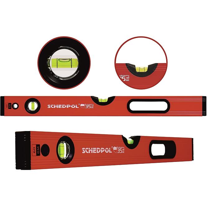 Červená vodováha Professional  s horizontálnym a vertikálnym ukazovateľom s magnetmi 100 cm SCHEDPOL