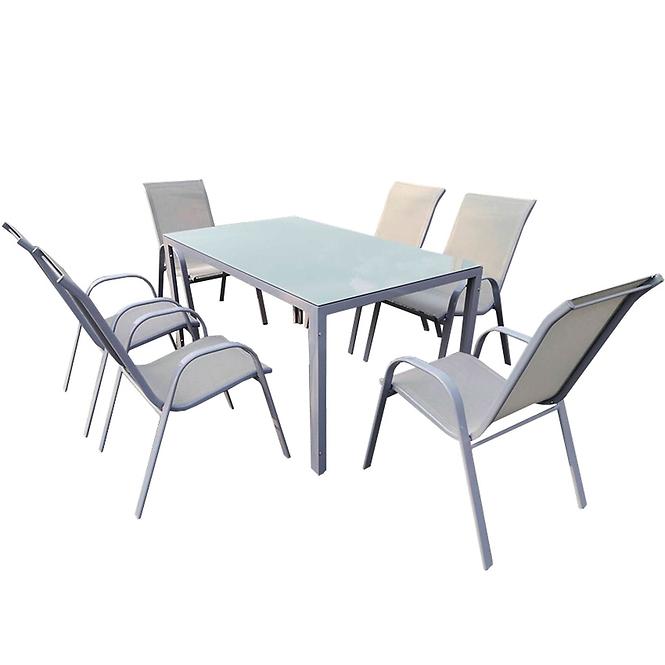 Sada Bergen sklenený stôl + 6 stoličiek šedá