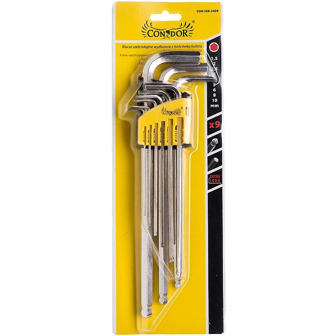 Imbusové kľúče s guľovou koncovkou, predlžené, 1,5-10 mm, 9 ks