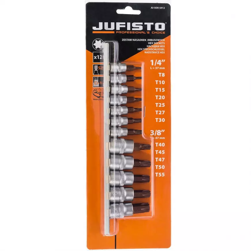 Fotografia produktu: Súprava bitov Torx, 1/4˝, 35 mm T 8/10/15/20/25/27/30, 3/8˝, 50 mm T 40/45/ 47/50/55, 9 ks, Jufisto
