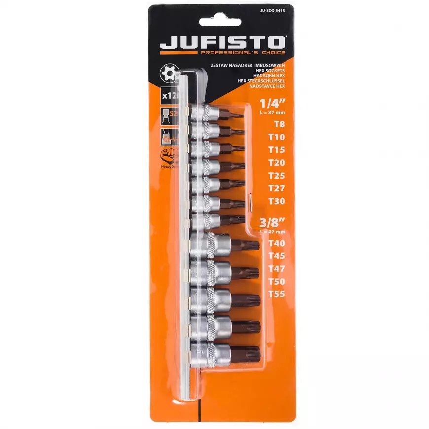 Fotografia produktu: Kľúče násadkové s otvorom, Torx, 1/4˝, 35 mm TT 8/10/15/20/25/27/30, 3/8˝, 50 mm TT 40/45/47/50/55, sada 12 ks, Jufisto