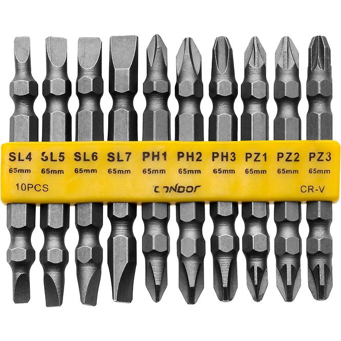 Obojstranné skrutkovacie bity, SL, PH, PZ x 65 mm, sada 10 ks, Drel