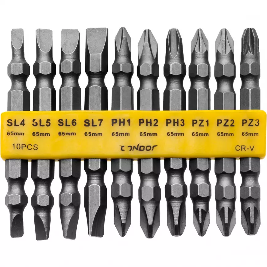 Fotografia produktu: Obojstranné skrutkovacie bity, SL, PH, PZ x 65 mm, sada 10 ks, Drel