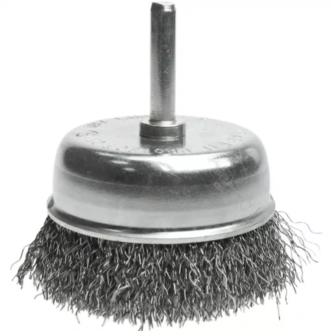 Kefa hrnčeková, 100 mm, so stopkou 6 mm, vlnitý oceľový drôt, Drel