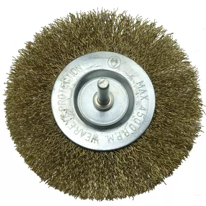 Kefa okružná, 80 mm, so stopkou 6 mm, vlnitý oceľový drôt, Drel