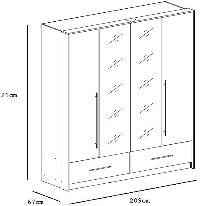 Skriňa Toledo 209 cm biela/zrkadlo