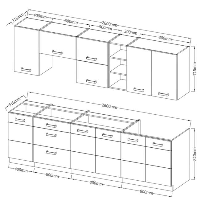 Kuchynská linka Artisan 260 cm biela lesklá bez dosky