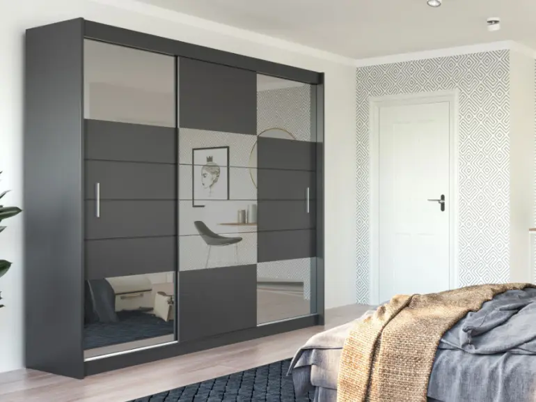 Skriňa s posuvnými dverami Aruba 203 cm so zrkadlom – grafit, dvojdverová