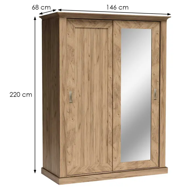 Skriňa s posuvnými dverami Antica 146 cm so zrkadlom – kraft zlatý, dvojdverová, zásuvky