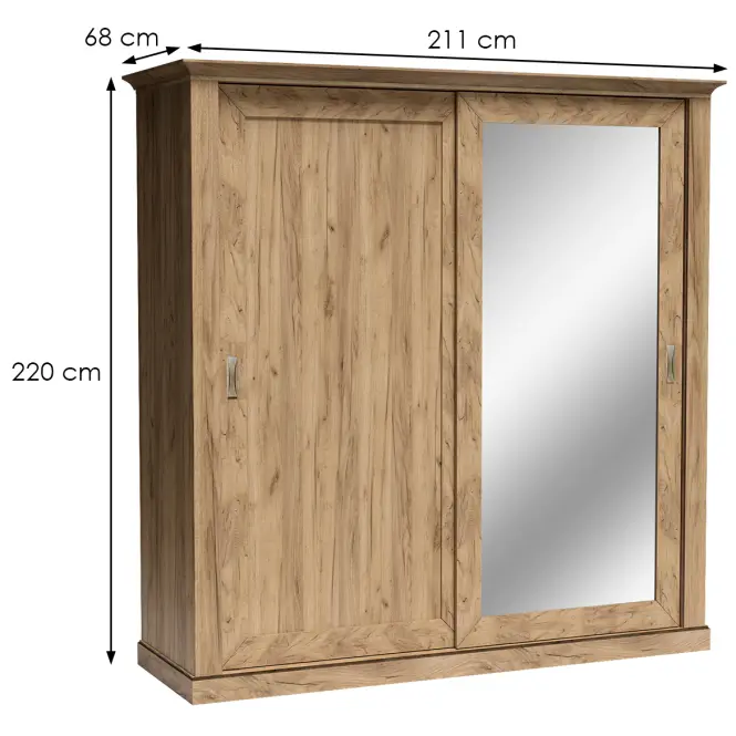 Skriňa s posuvnými dverami Antica 213 cm so zrkadlom – kraft zlatý, dvojdverová, zásuvky