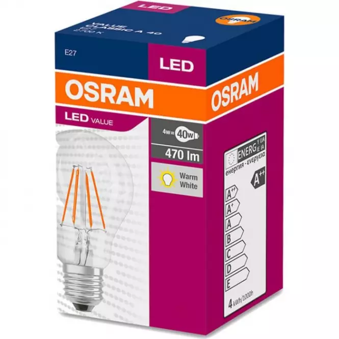 Žiarovka OSRAM LED Fila Value CL A60 E27 4W 40W 470LM 827,3