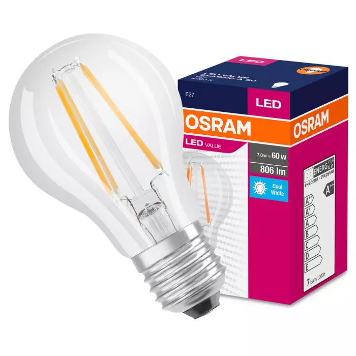 Žiarovka OSRAM LED Fila Value CL A60  E27 7W 60W 806LM 840