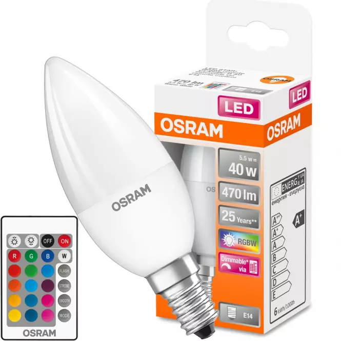 Žiarovka LED OSRAM E14 RGB B35 4,9W s diaľkovým ovládaním,2