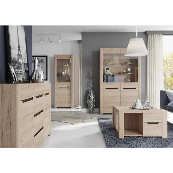 Skriňa Desjo 06 140cm so zrkadlom– dub san remo/hnedá uni, trojdverová,3
