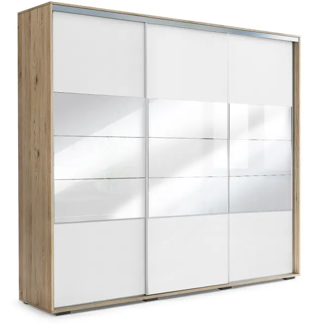 Skriňa s posuvnými dverami Milena so zrkadlom 278 cm – craft zlatý/biela, trojdverová