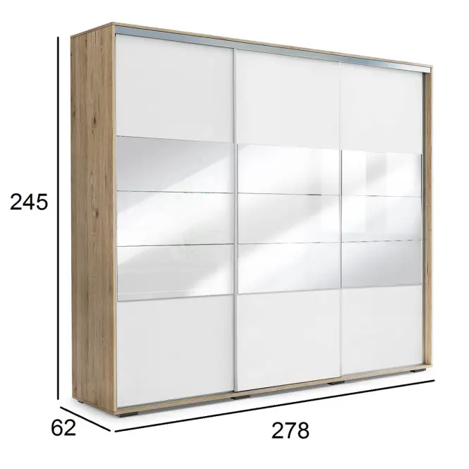 Skriňa s posuvnými dverami Milena so zrkadlom 278 cm – craft zlatý/biela, trojdverová,2