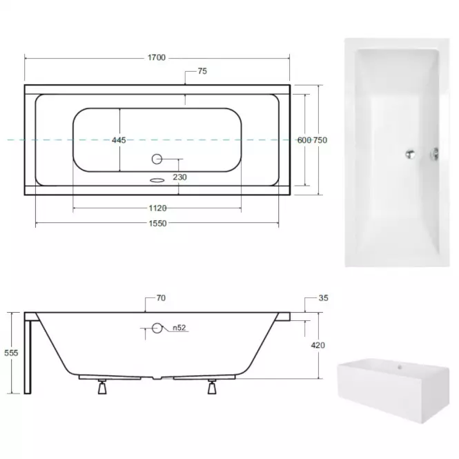 Vaňa Quadro 170/75 + nohy,3