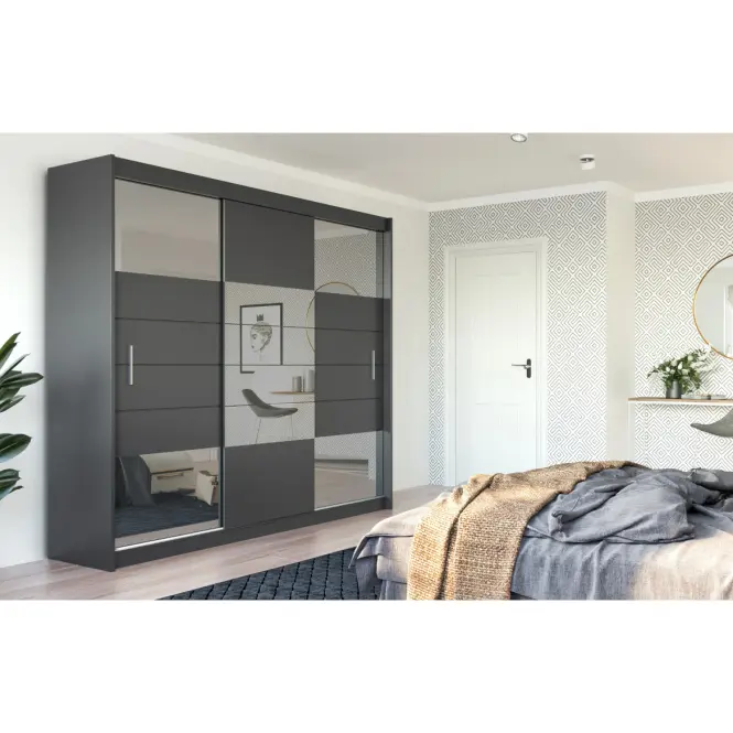 Skriňa s posuvnými dverami Aruba 250 cm so zrkadlom – grafit, trojdverová