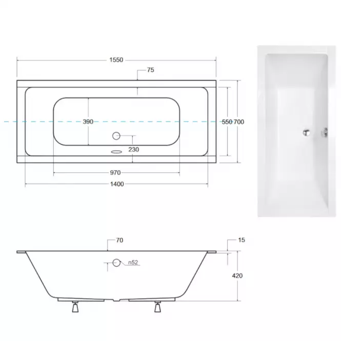 Vaňa Quadro Slim 155/70 + nohy,2