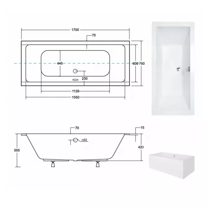 Vaňa Quadro Slim 170/75+ nohy