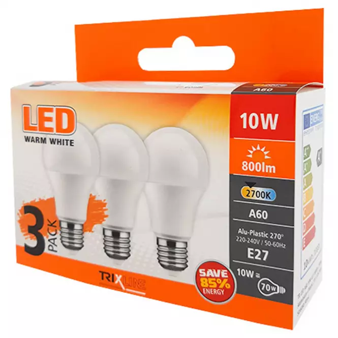 Žiarovky LED A60 10W E27 800LM 2700K (3-PACK),4