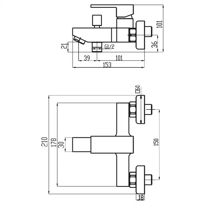 Vaňová batéria bez príslušenstva 150 mm TITANIA CUBE chróm 98820,2